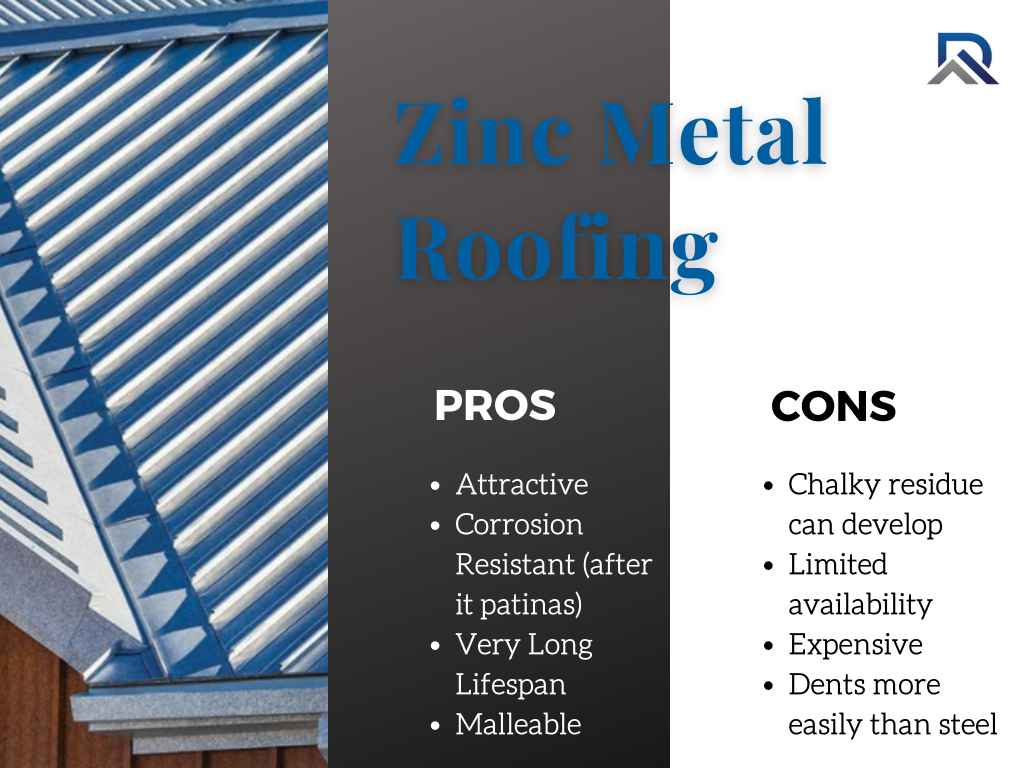 Zinc metal roofs are attractive, corrosion resistant, very long-lasting, and malleable.